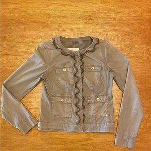 Michael Kors olive green jacket with ruffle zipper details & snap closures sz 0